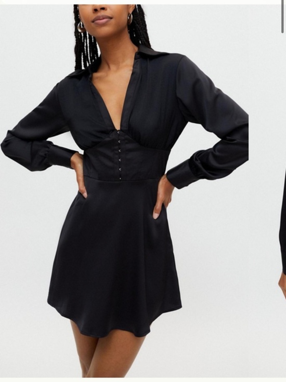 New Urban Outfitters Phoebe Corseted Mini Dress Black Satin Long-Sleeve Medium